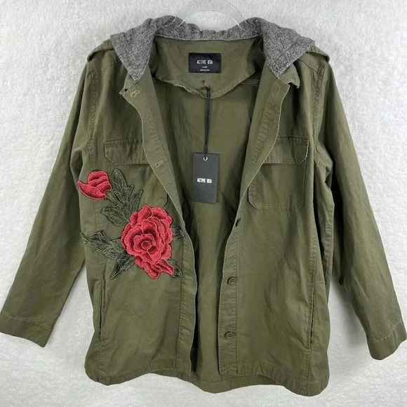 Active USA NWT Lg Hooded Utility Jacket Floral Patch Military Army Green Shacket - Picture 3 of 16